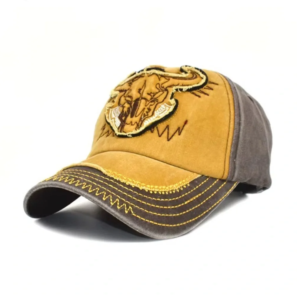 Vintage Yellow and Gray Cap with Longhorn Bull Skull Design